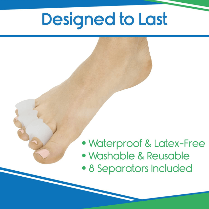 Foot with toe separator and product features listed on a white background