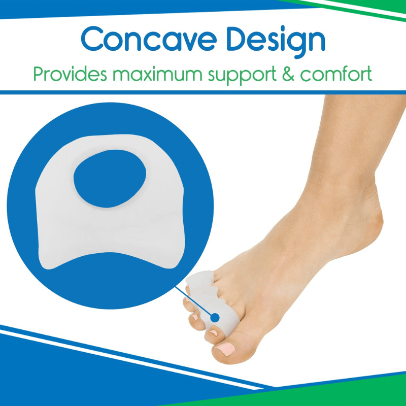 Foot with a bunion corrector and text about concave design providing support and comfort.