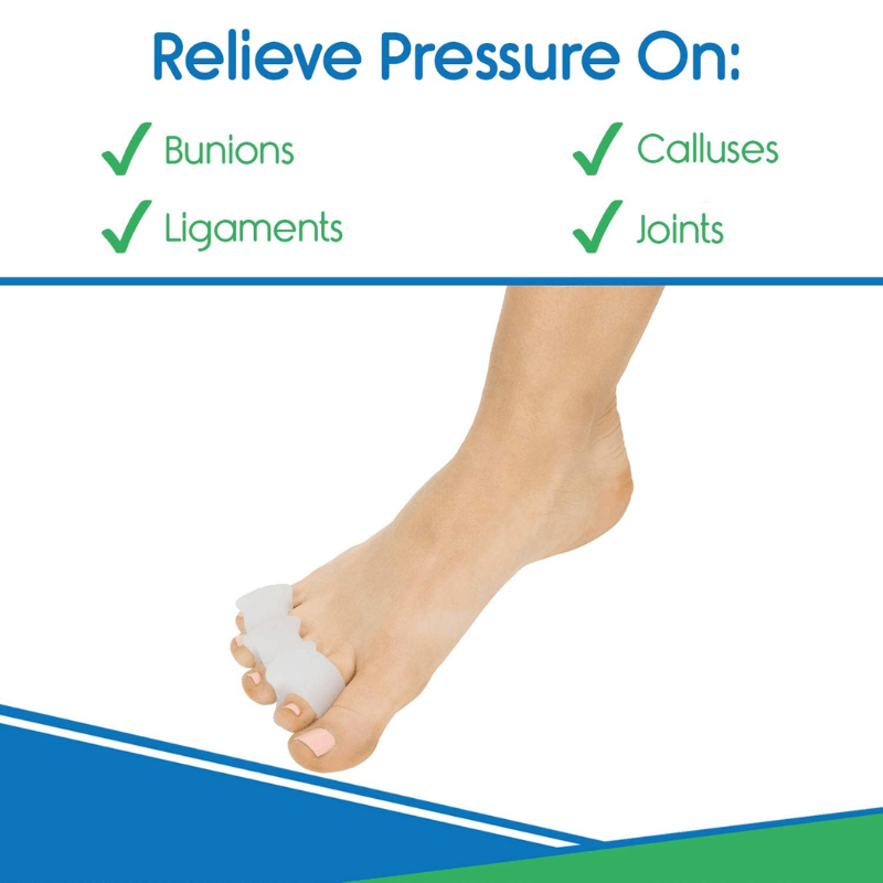 Foot with bunion corrector and text 'Relieve Pressure On: Bunions, Calluses, Ligaments, Joints' on a white background