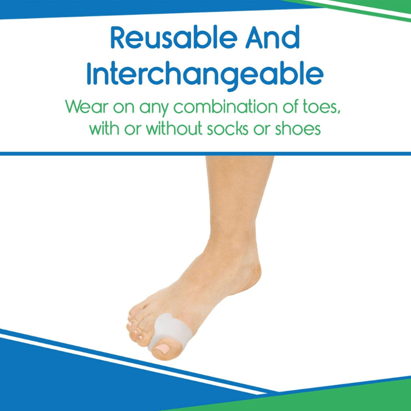 Foot with bunion corrector and text about product features on a white background