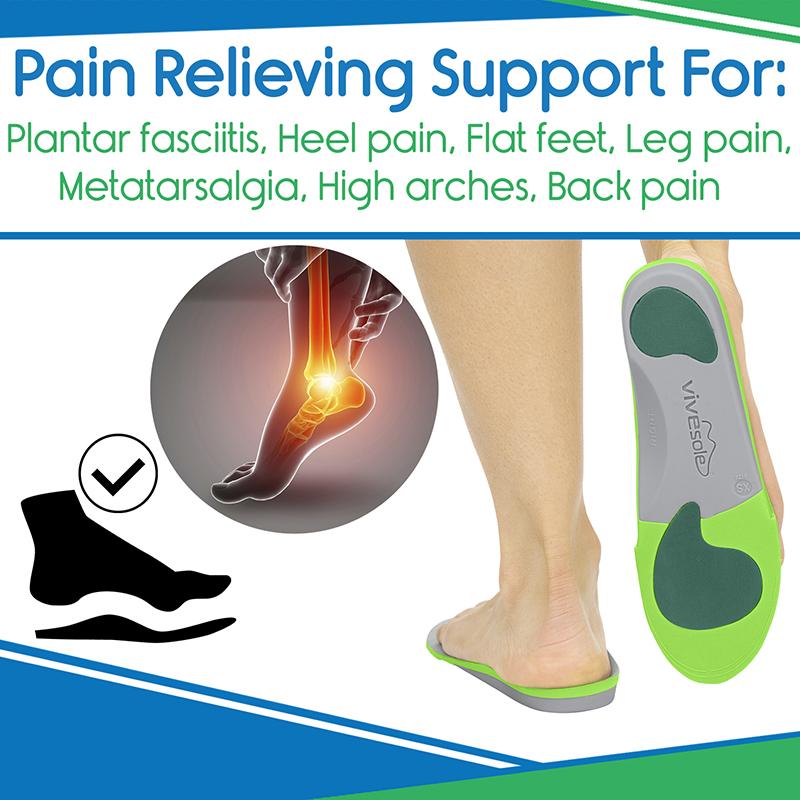 Insole with green and gray design on a white background, highlighting pain relief for various foot issues.