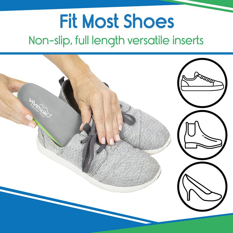 Person inserting a gray shoe insert into a gray sneaker with text about non-slip, full-length inserts.