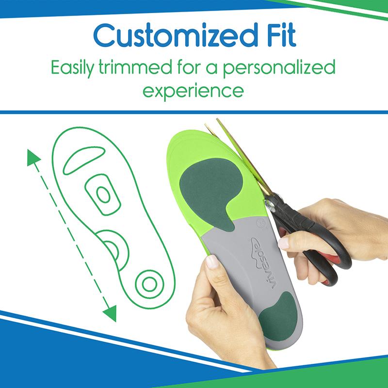 Insole with green and gray design, being trimmed with scissors, on a white background with text about personalized fit.