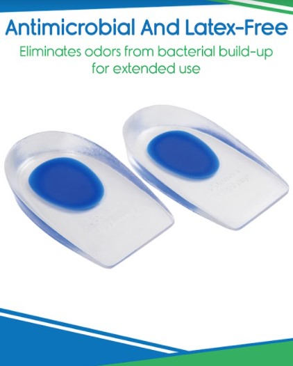 Antimicrobial and latex-free shoe inserts with blue gel pads on a white background