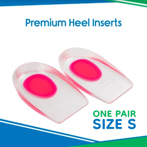 Pair of premium heel inserts with pink cushioning on a white background