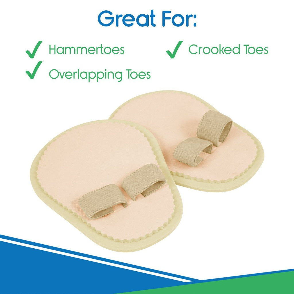 Pair of toe separators with text indicating their use for hammertoes, crooked toes, and overlapping toes on a white background.