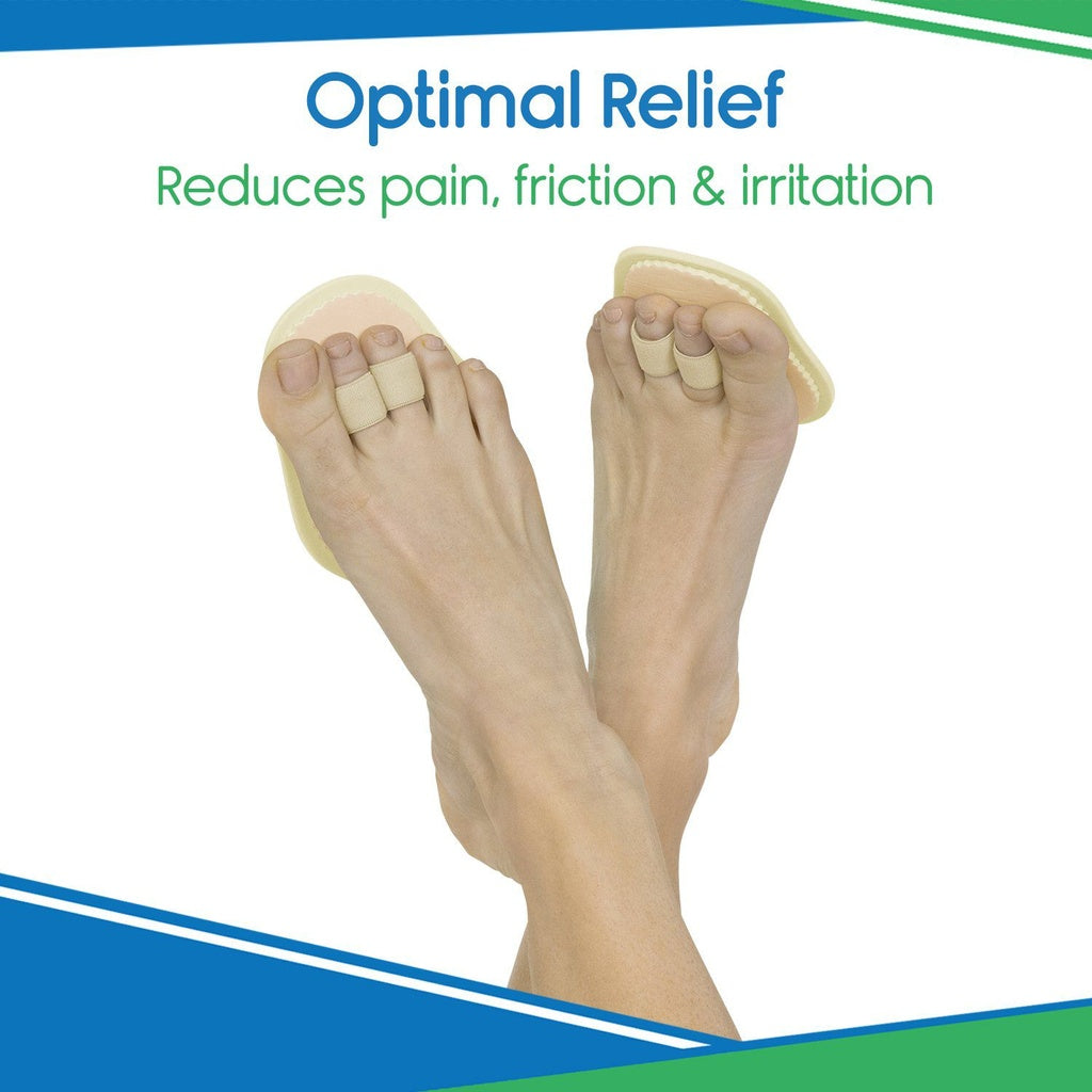 Feet wearing foot pads with 'Optimal Relief' text on a white background