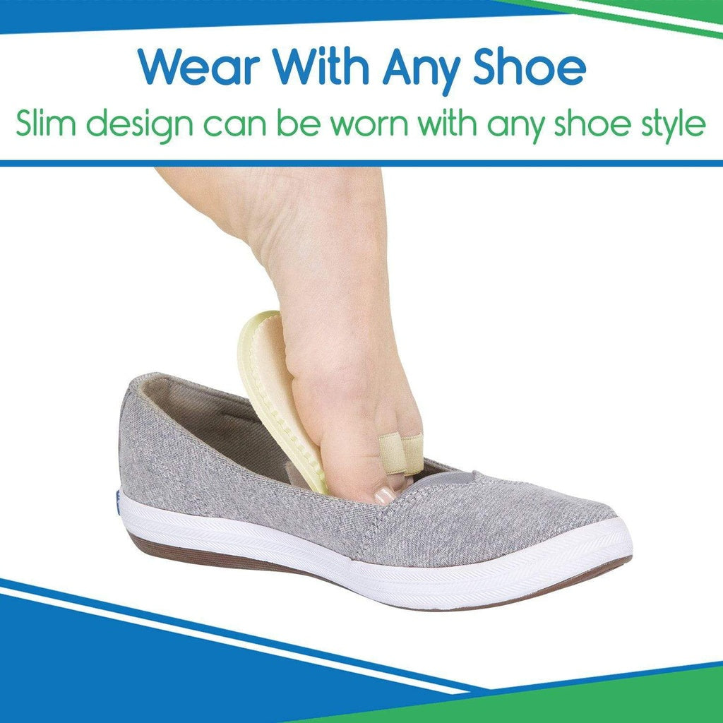 Person wearing a gray shoe with a white sole, promoting a product that can be worn with any shoe style.