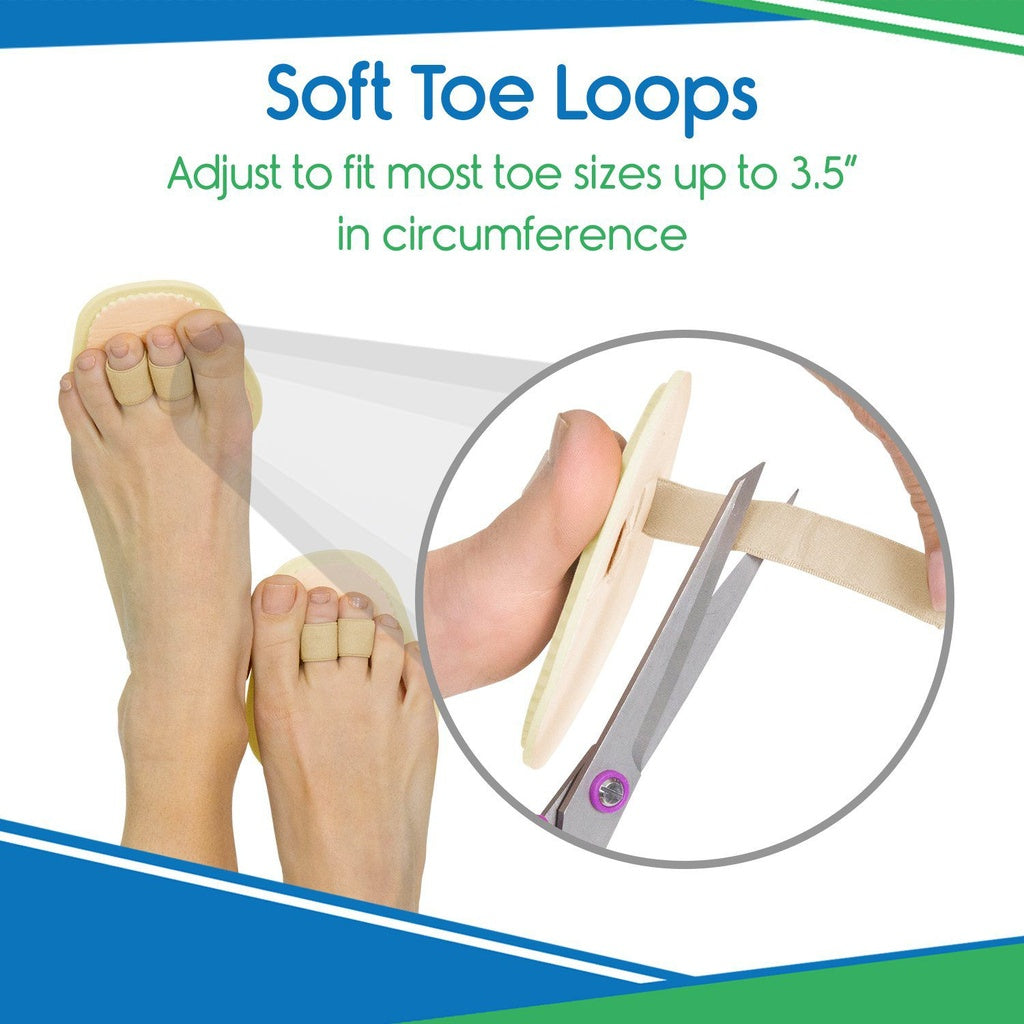 Soft toe loops with a pair of scissors and feet for size reference on a white background.