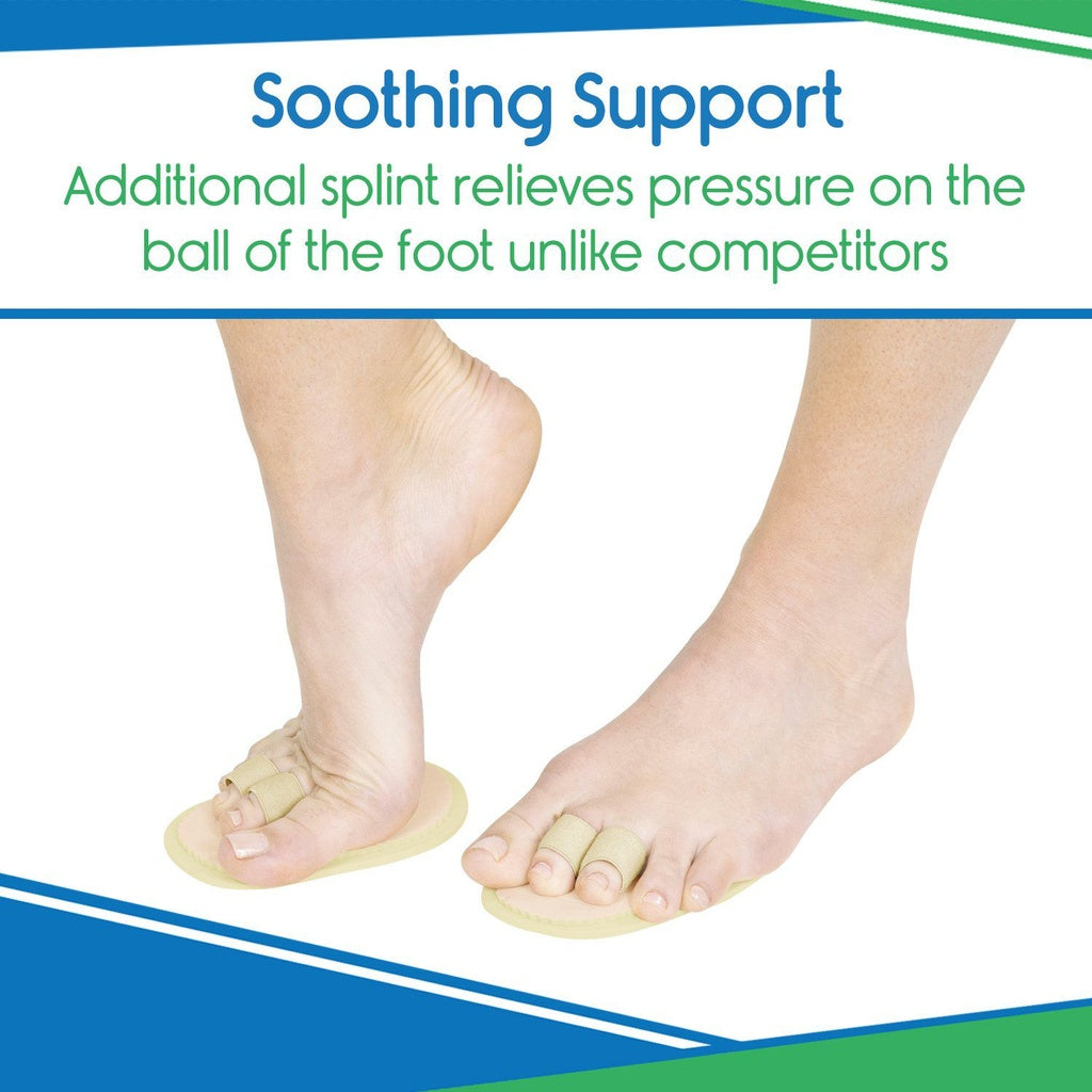 Feet wearing additional splints with text about soothing support and pressure relief.