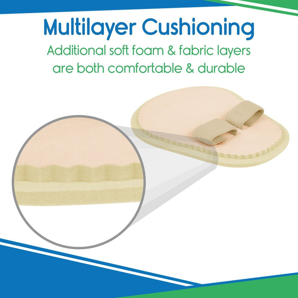 Multilayer cushioning with additional soft foam and fabric layers on a white background
