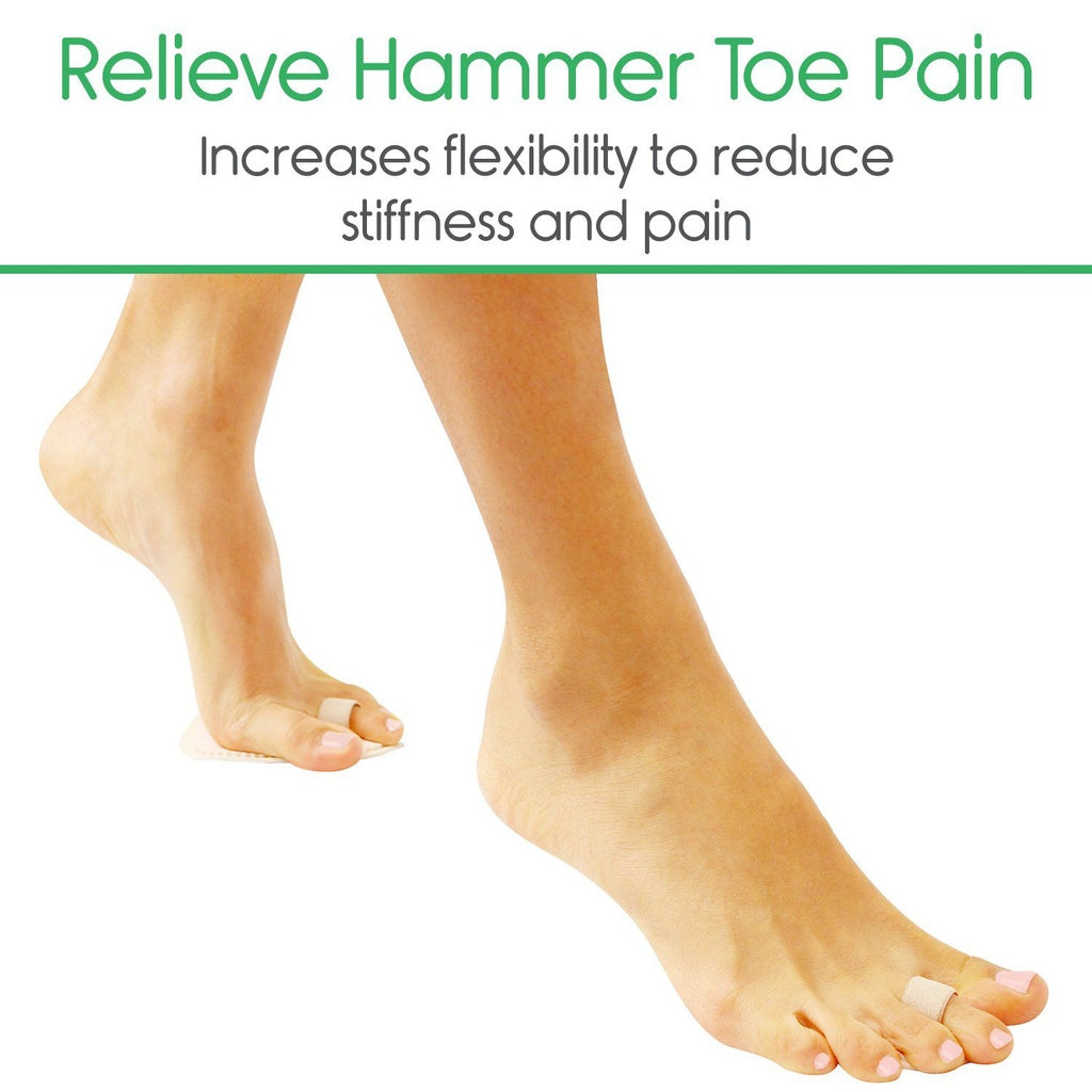 Feet with hammer toe correction device and text about relieving hammer toe pain.