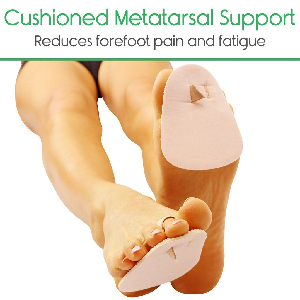 Cushioned metatarsal support device on feet with text about reducing forefoot pain and fatigue.