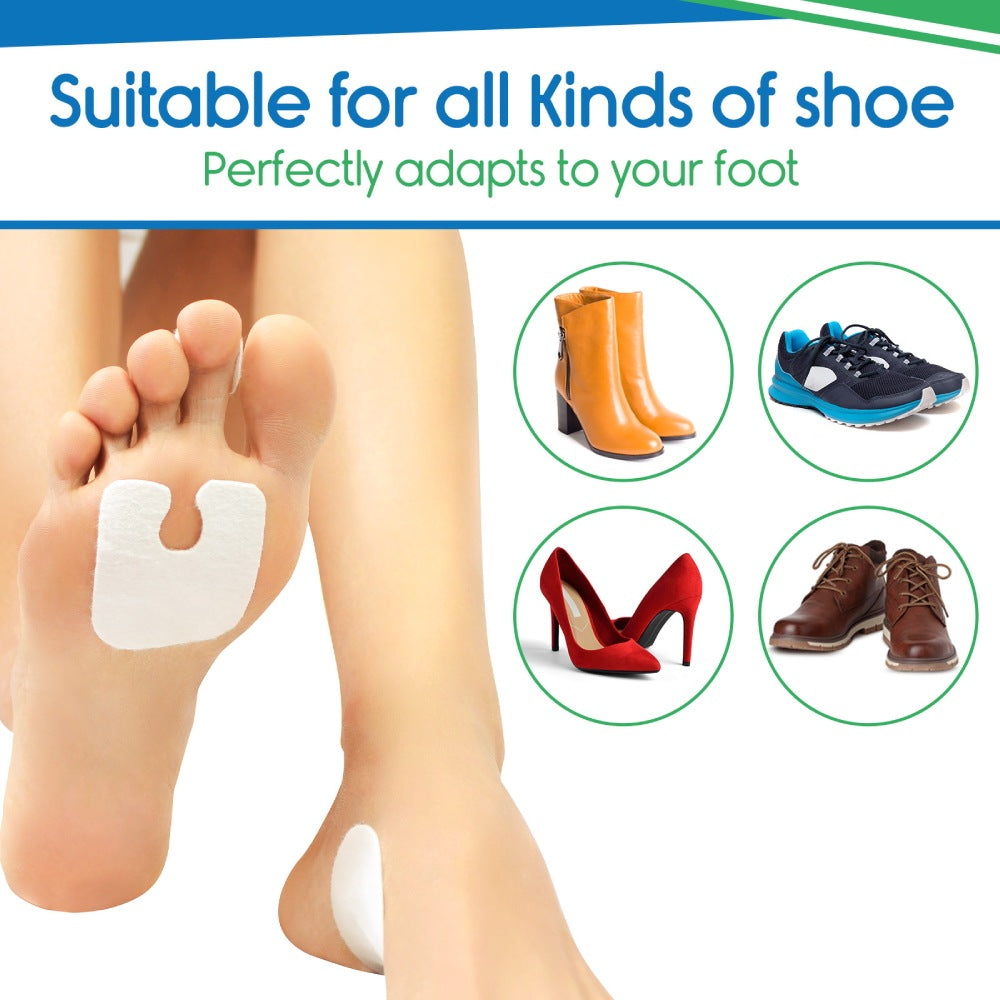Foot with a white patch and text about shoe compatibility, surrounded by images of various shoes.