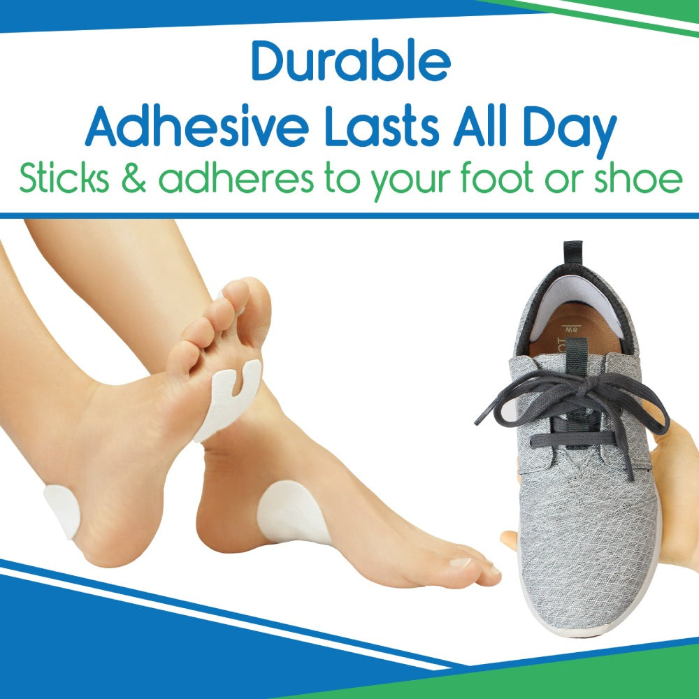 Foot with adhesive patches and a shoe, with text about durable adhesive.