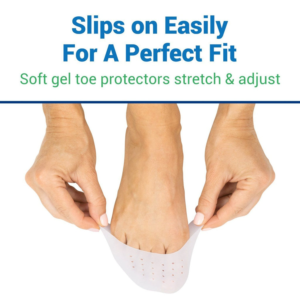 Person applying a soft gel toe protector to their foot with text about ease of use and fit.