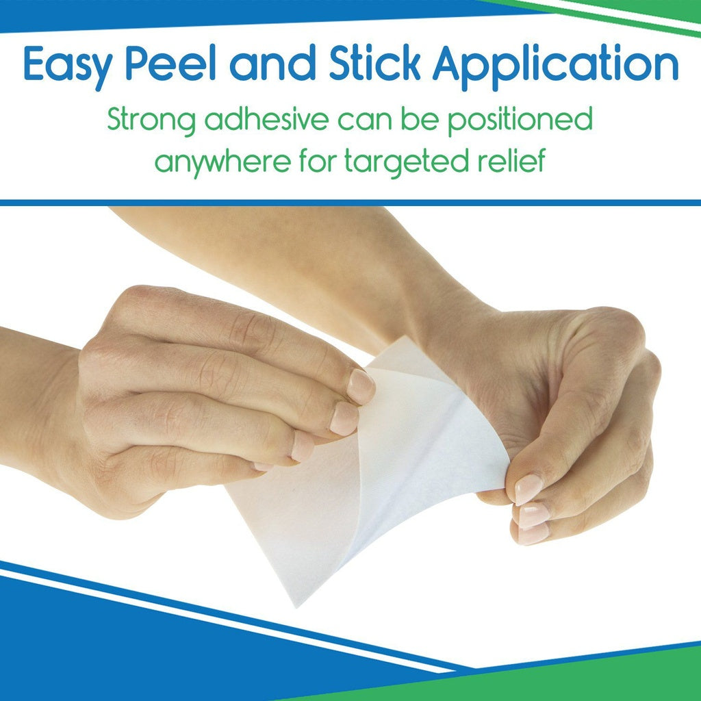 Person applying a patch on their wrist with text about easy peel and stick application.