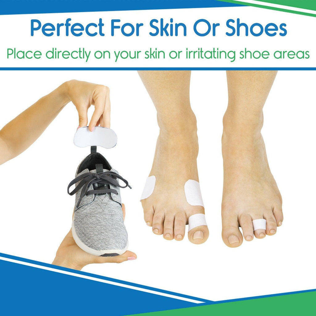 Product placement on skin and shoes with text 'Perfect For Skin Or Shoes' and 'Place directly on your skin or irritating shoe areas'.