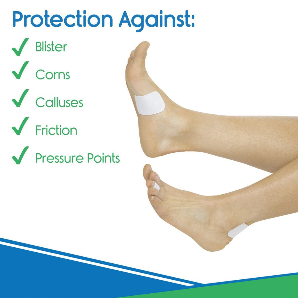 Foot with a bandage and text listing protection against blister, corns, calluses, friction, and pressure points.