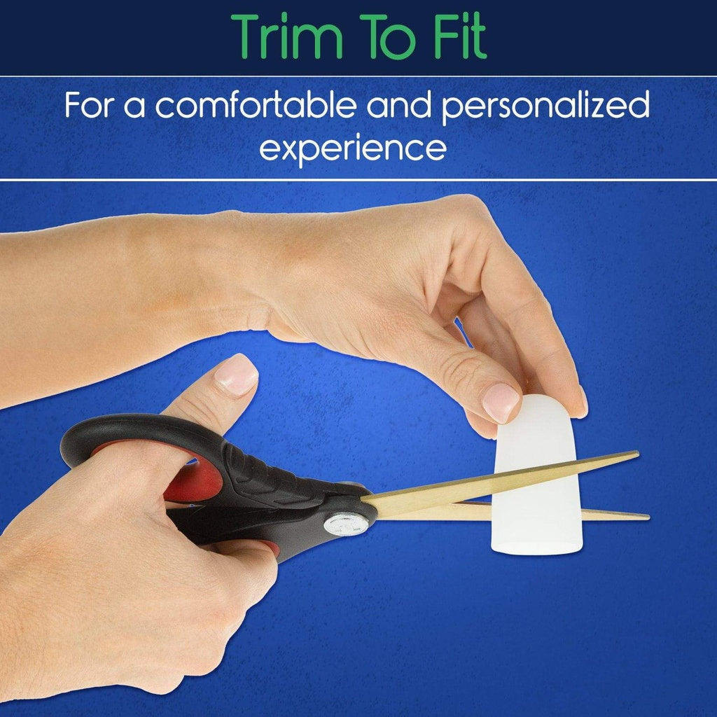 Person using scissors to trim a white cylindrical object against a blue background with text 'Trim To Fit' and 'For a comfortable and personalized experience'.