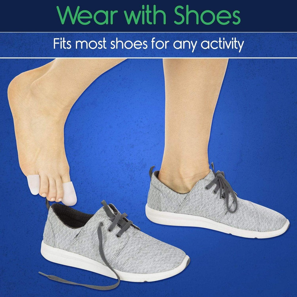 Gray sneakers being worn with text indicating they fit most shoes for any activity on a blue background.