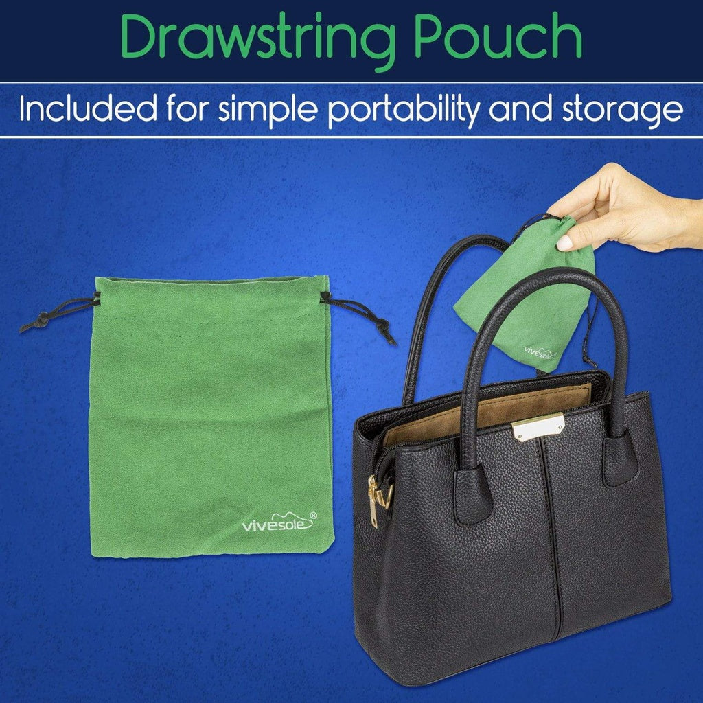 Black handbag with green drawstring pouch on a blue background