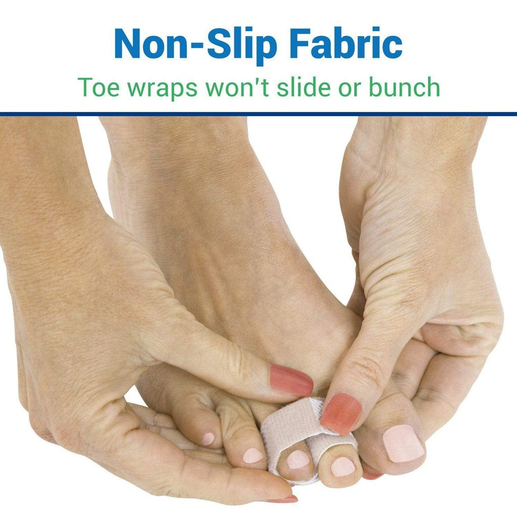 Person applying a toe wrap with text about non-slip fabric