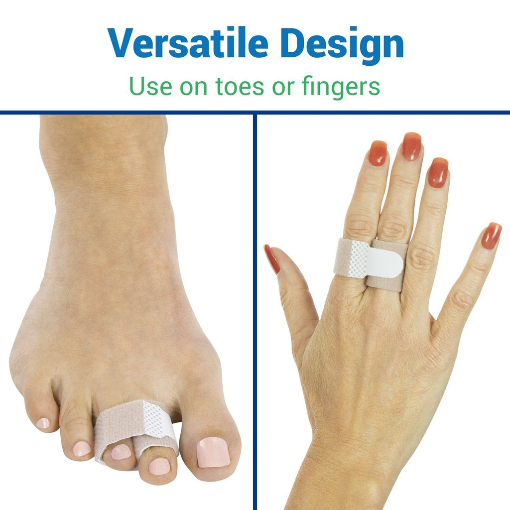 Bunion corrector on a foot and a finger with text 'Versatile Design Use on toes or fingers'.