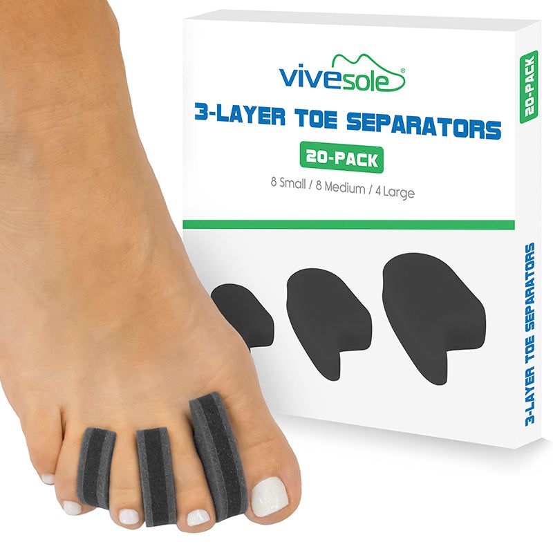 Vivesole 3-layer toe separators with packaging and foot wearing separators.