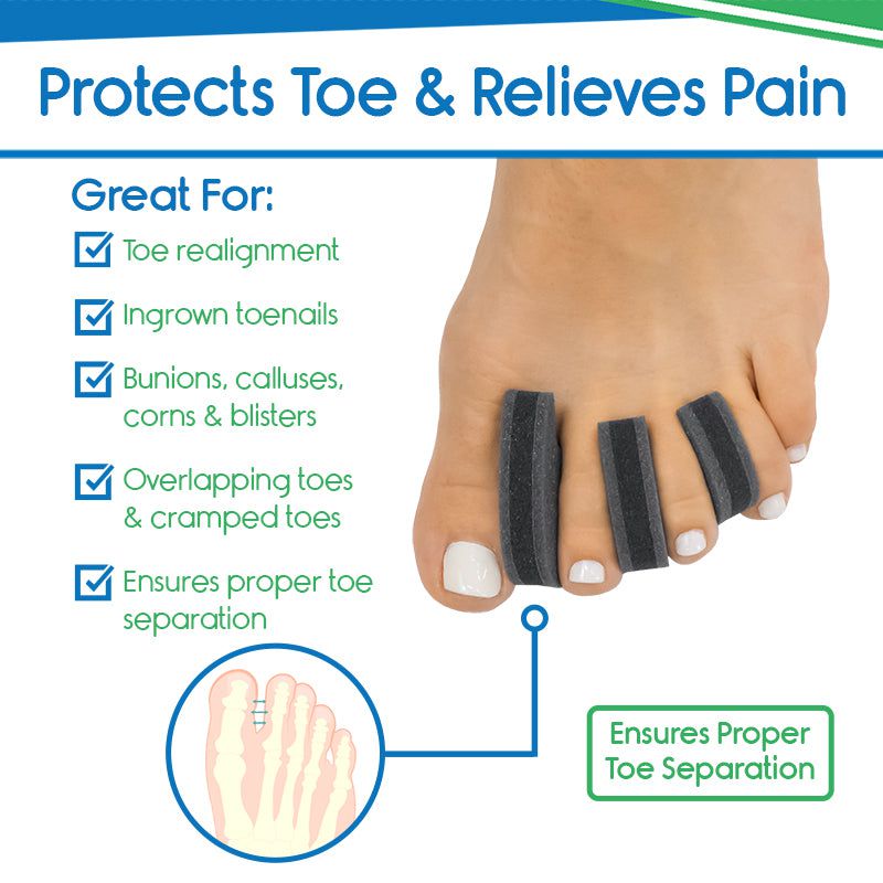 Toe separator on a foot with text highlighting its benefits
