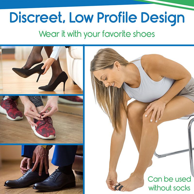 Advertisement for a product with images of people wearing shoes and a woman sitting on a chair.