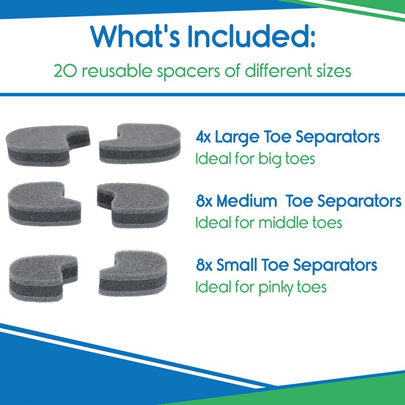 Product packaging with reusable toe separators of different sizes on a white background.