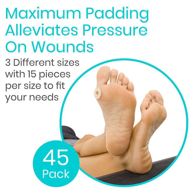 Product packaging with feet on a mat, highlighting maximum padding for wound care.
