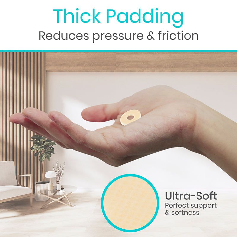 Hand holding a small round object with text about thick padding and ultra-soft material.