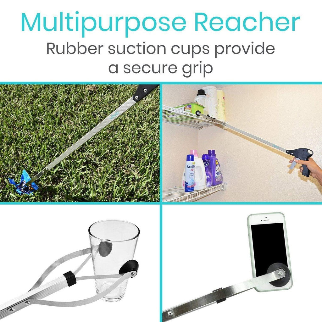 Multipurpose reacher with rubber suction cups used for various tasks on grass, shelf, and smartphone.