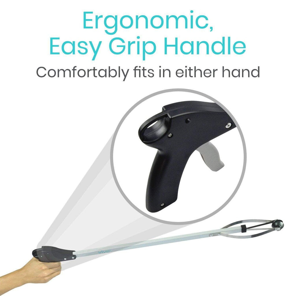 Ergonomic handle with text on a white background