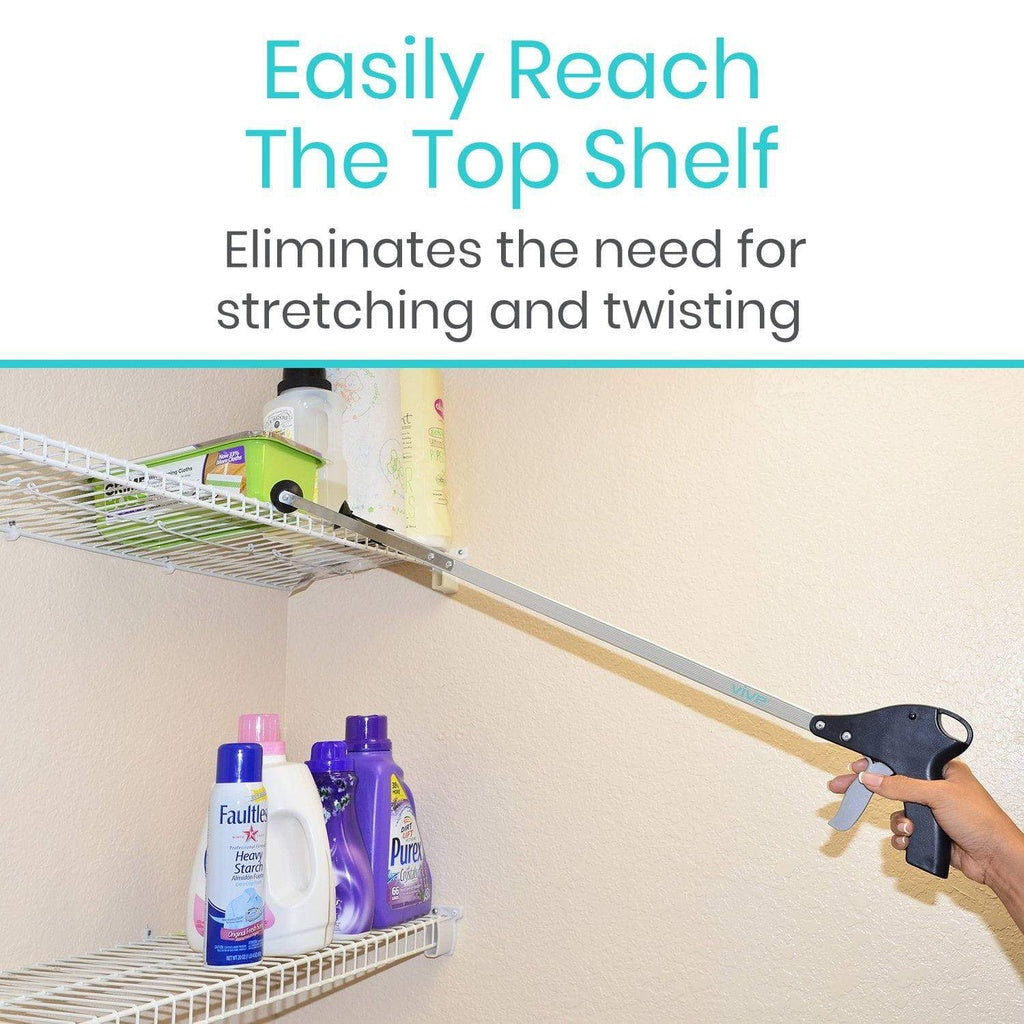 Extension tool being used to reach the top shelf with text indicating ease of use.