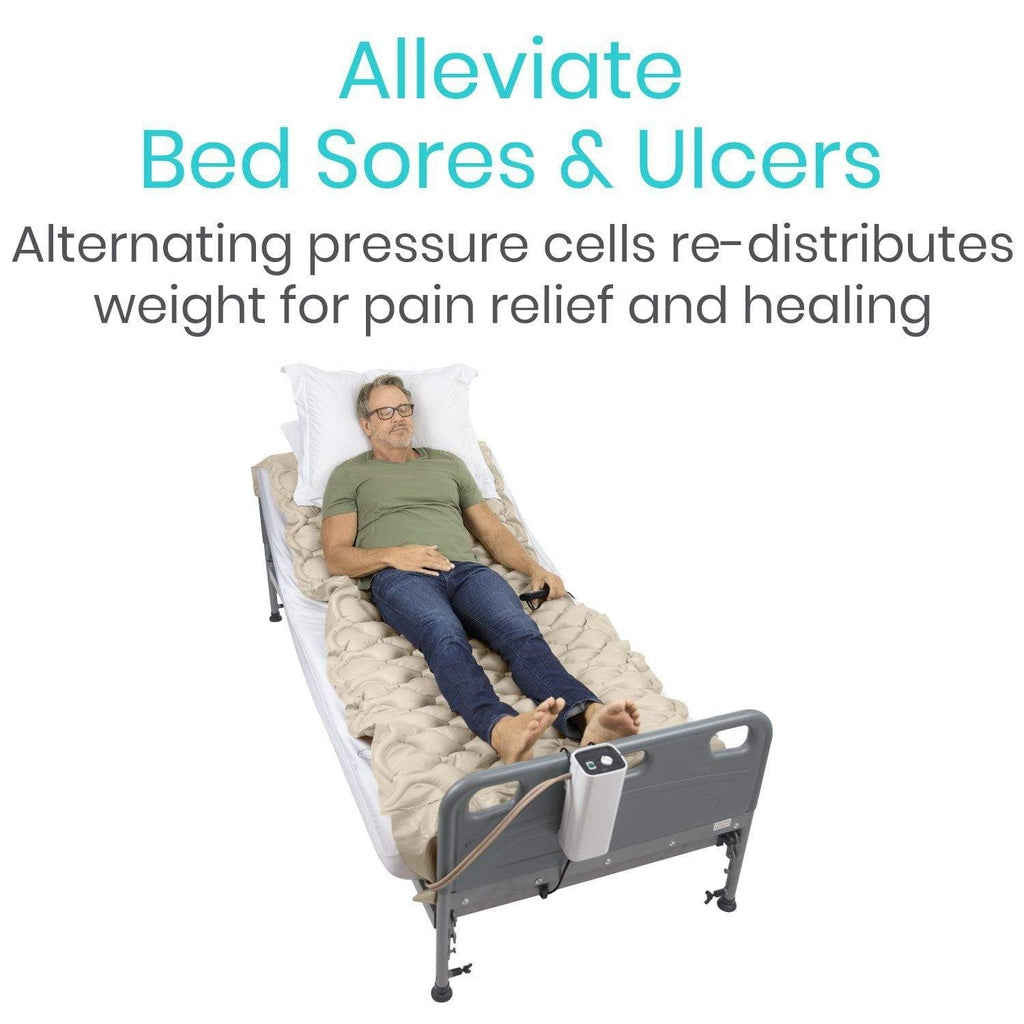 Person lying on a hospital bed with alternating pressure cells system, text about alleviating bed sores and ulcers.