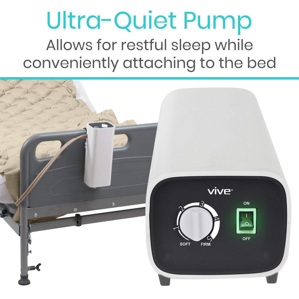 Ultra-Quiet Pump attached to a bed with text highlighting its features