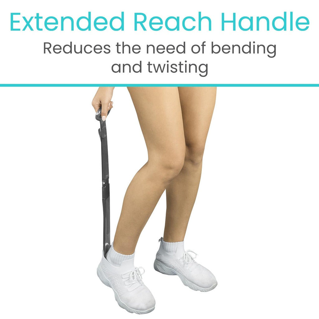 Person using an extended reach handle with text on a white background