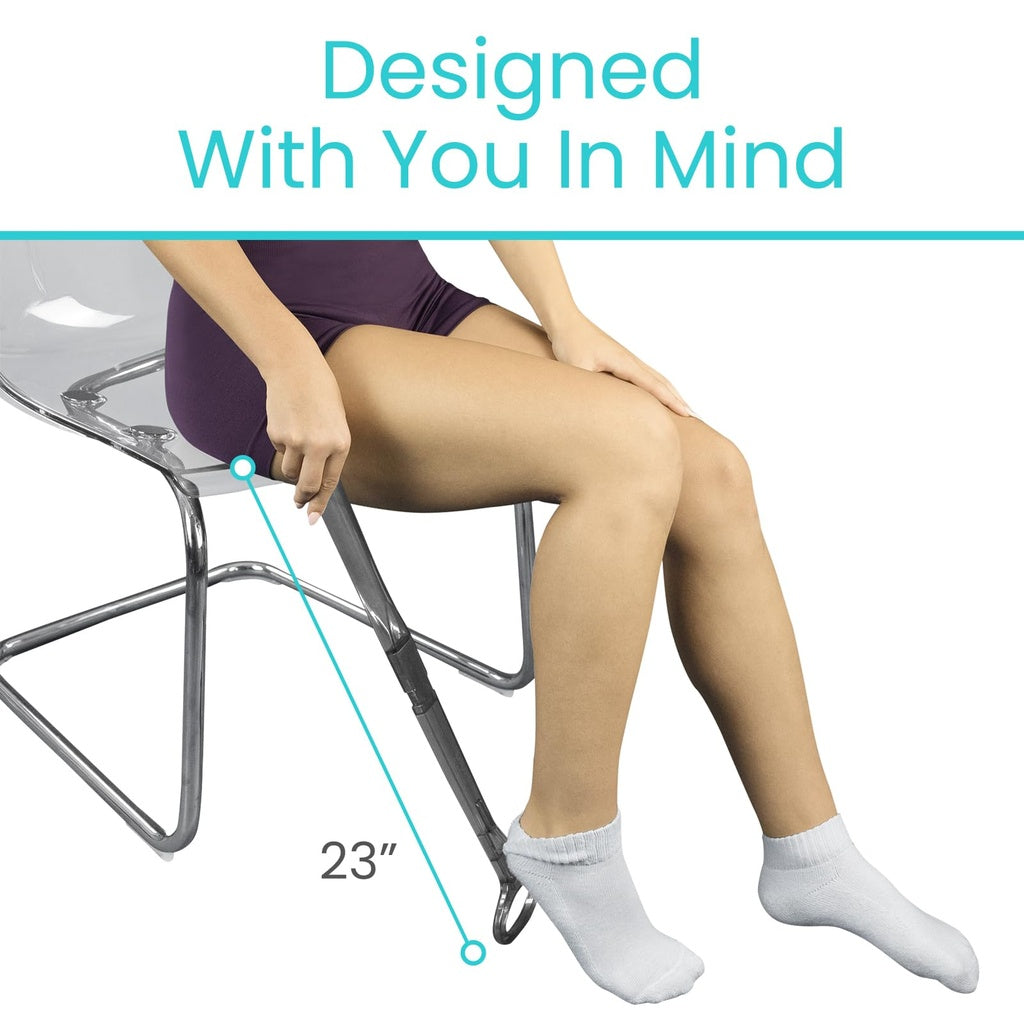 Person sitting on a chair with white socks, wearing purple shorts, and text 'Designed With You In Mind' above.
