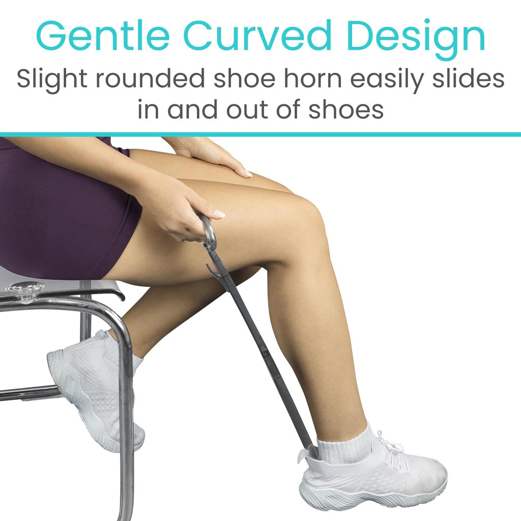 Person using a shoe horn with text about a gentle curved design