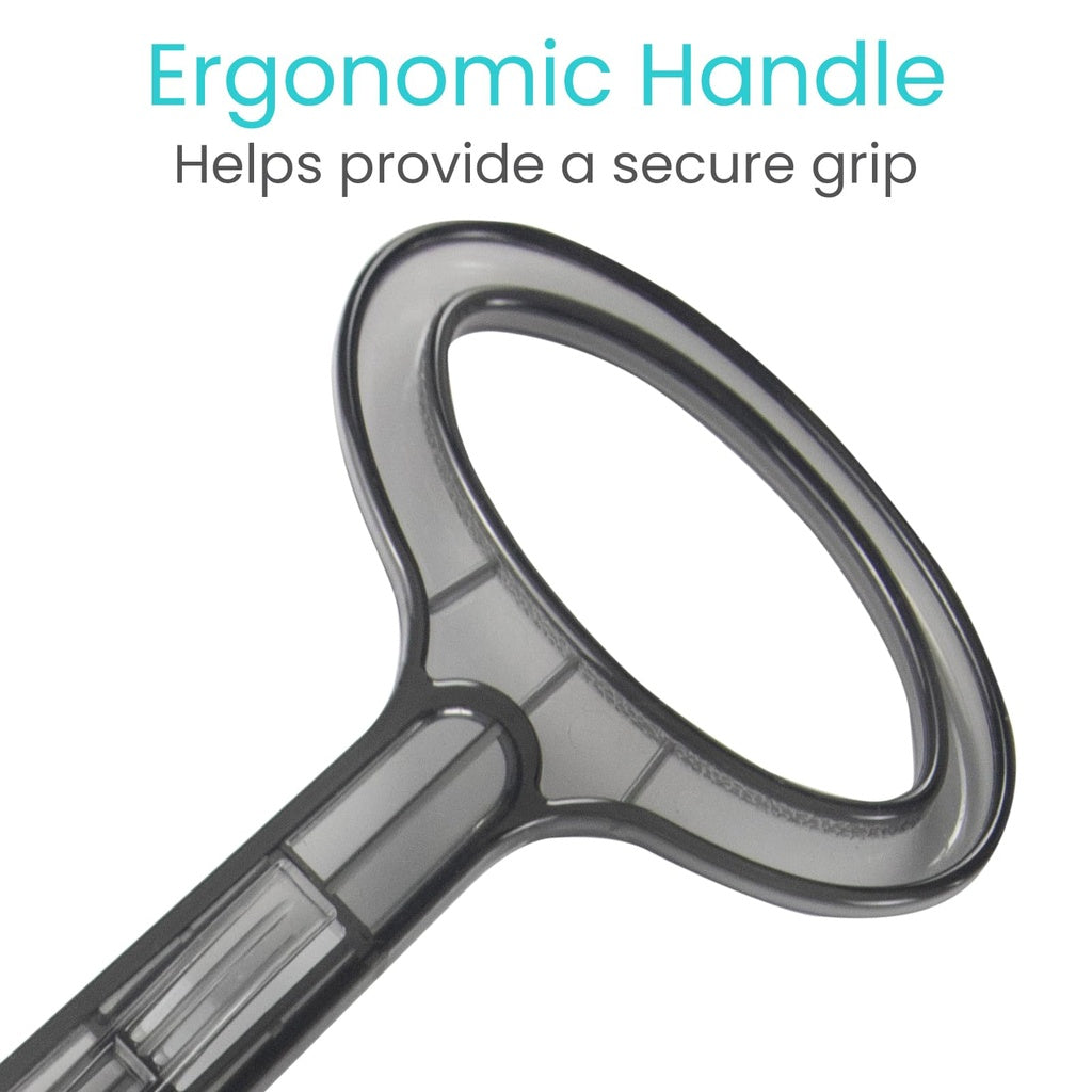 Ergonomic handle with text on a white background