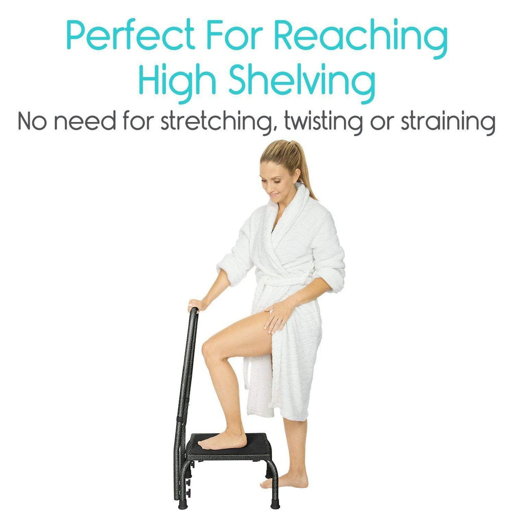 Woman using a step stool to reach high shelves with text highlighting its benefits.
