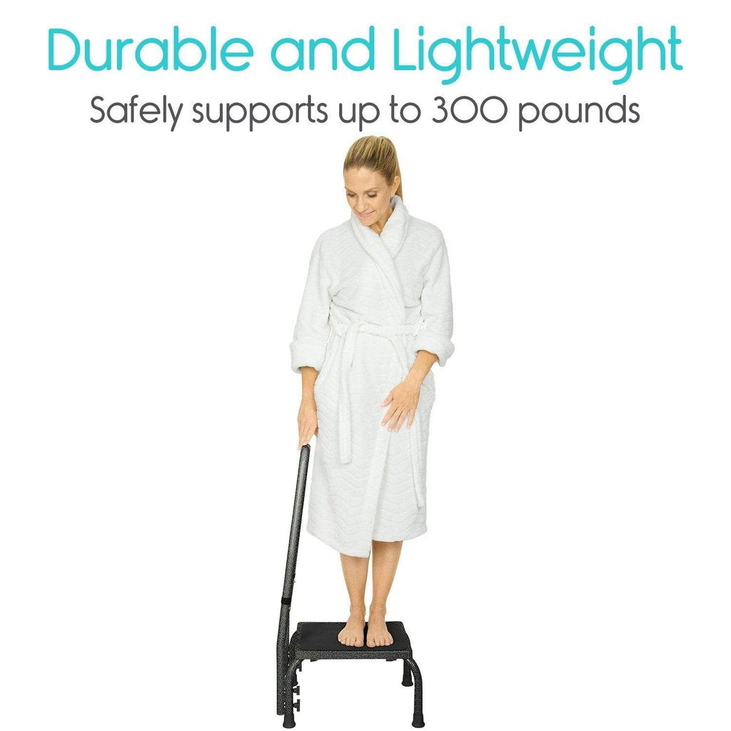 Woman in a white robe standing on a step stool with text about durability, weight capacity, and safety.