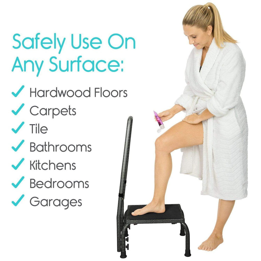 Woman using a step stool with text indicating its versatility on various surfaces.