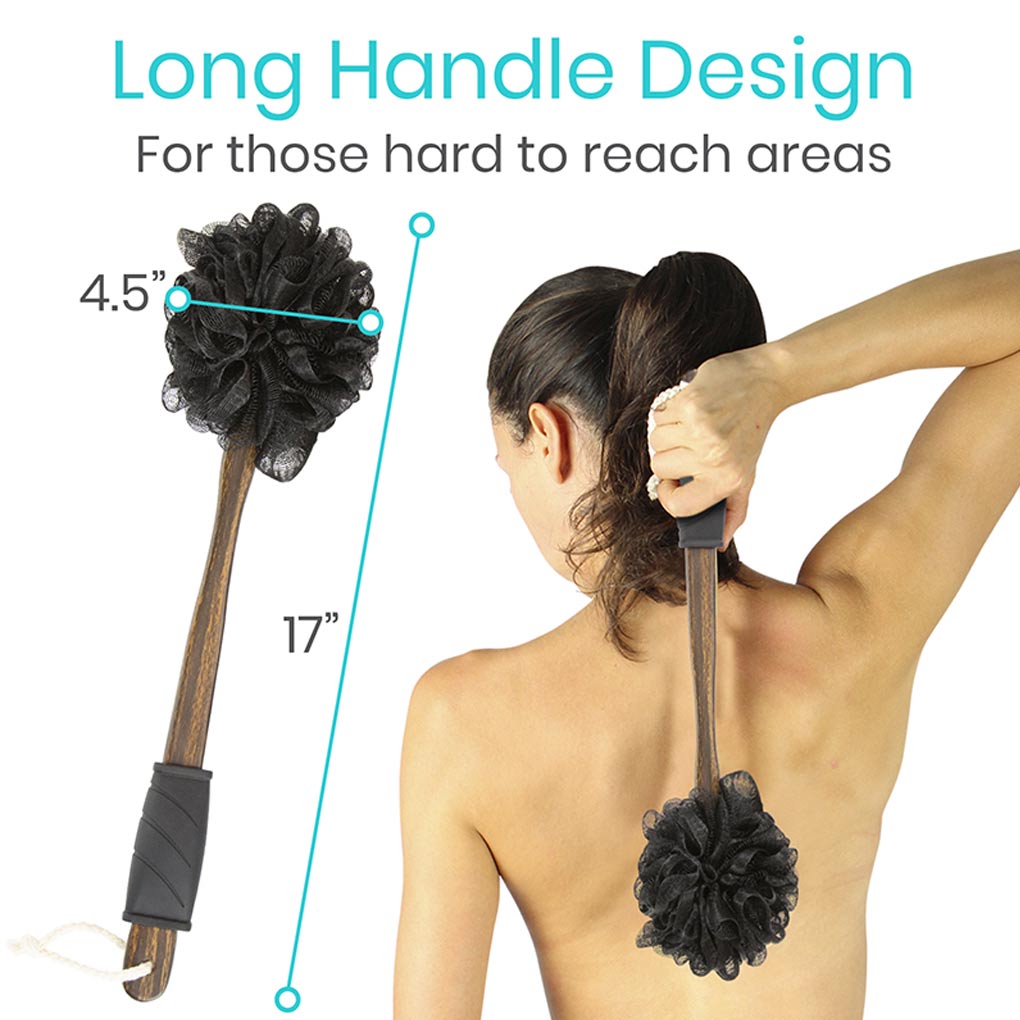 Long handle scrubber with text indicating its design for hard-to-reach areas
