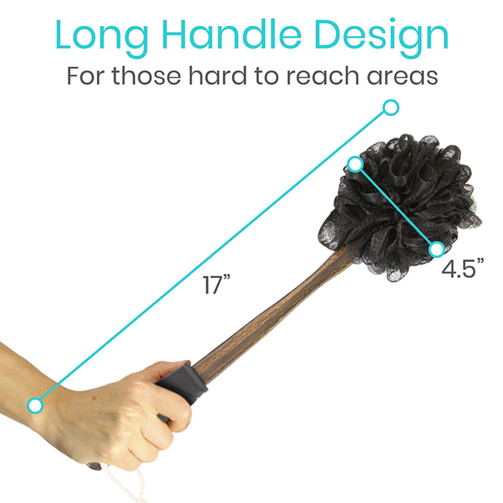 Hand holding a cleaning tool with a long handle and black scrubber head, labeled 'Long Handle Design' and 'For those hard to reach areas'.