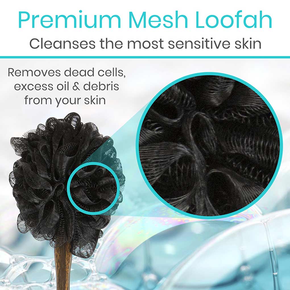 Black mesh loofah with close-up of texture and text about its benefits on a light blue background.