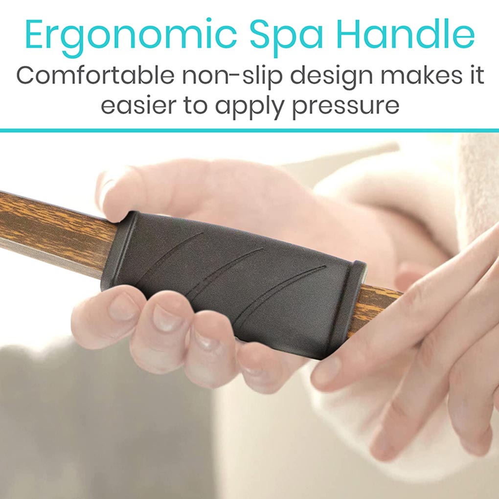 Ergonomic spa handle with text highlighting comfort and ease of use